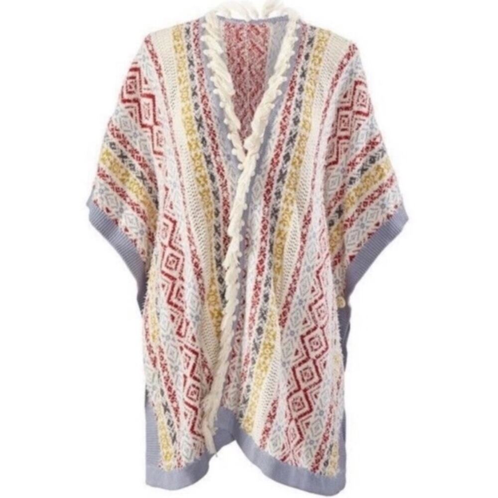 Cabi Siesta Boho Multicolor Stripe Textured Fringe Poncho X Small